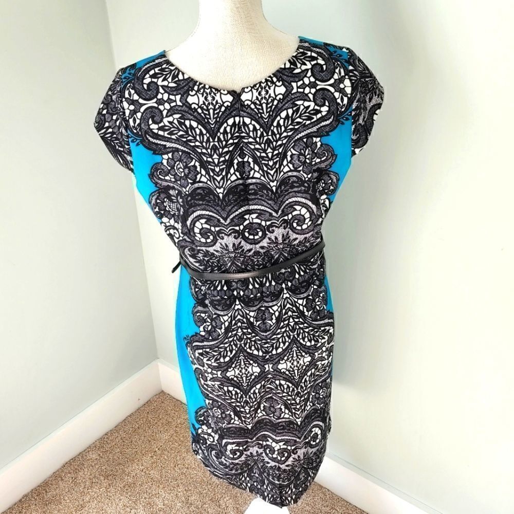 SHELBY AND PALMER BELTED DRESS CAPPED SLEEVE BLUE BLACK AND CREAM PLUS SIZE 14 - Picture 4 of 5